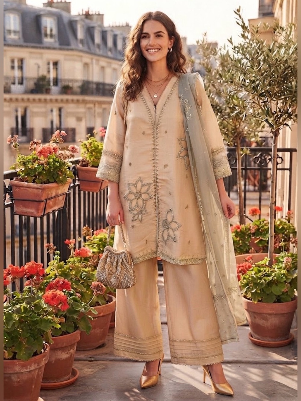 NWT Naqshi Pakistani 3-Piece Suit Set | Size Medium | Champagne Gold Embroidered